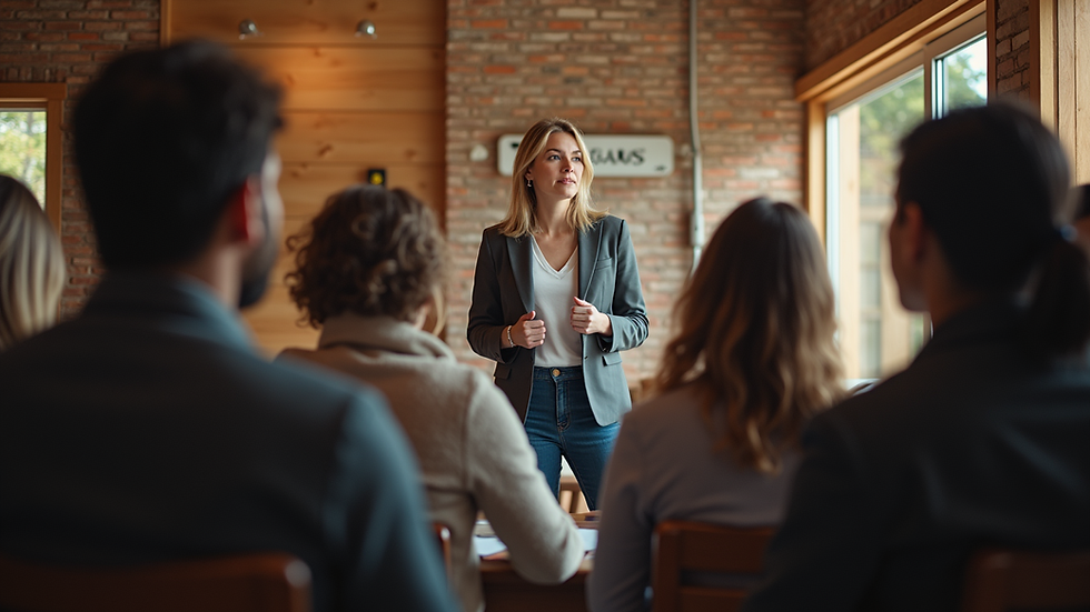 Eye-level view of a person speaking to a small group in a casual setting