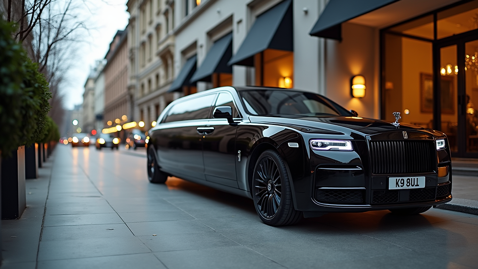 Eye-level view of a sleek black limousine parked outside a luxury hotel
