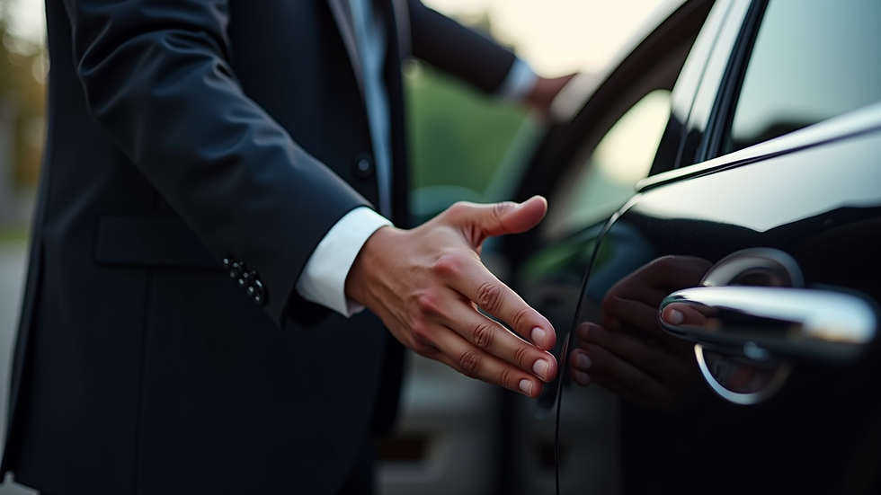 Close-up view of a chauffeur opening the door of a limousine for a passenger