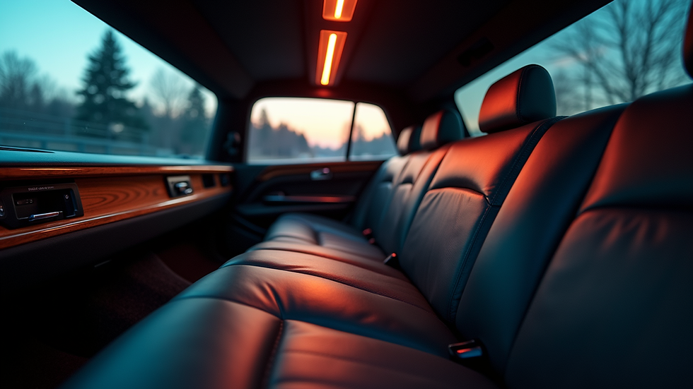 Close-up view of a limousine interior with leather seats and ambient lighting
