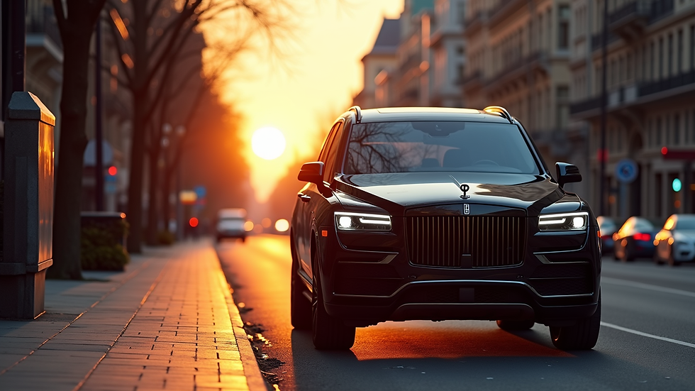 High angle view of a luxury black SUV parked on a city street at sunset