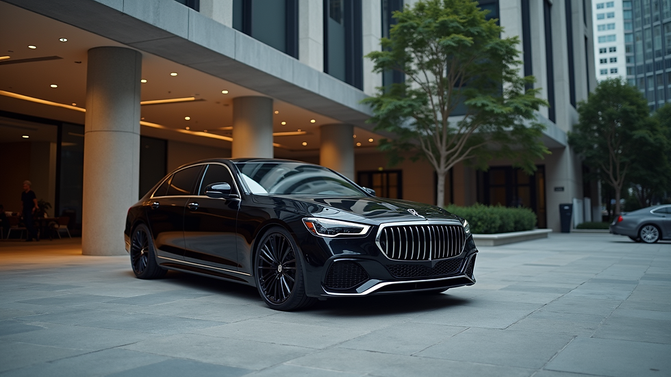 Eye-level view of a luxury black sedan parked outside a modern building
