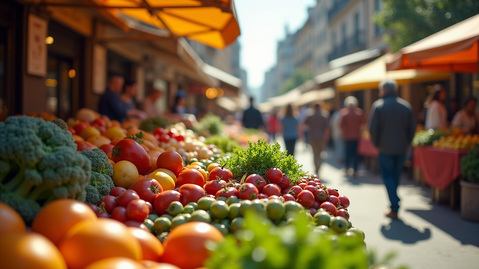 High angle view of a vibrant farmer's market bustling with activity