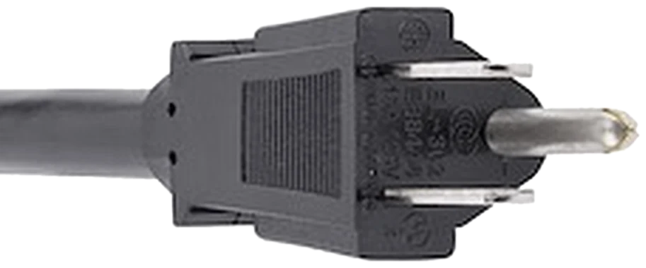 A traditional black NEMA 5-15 plug, top view, with no display or controls