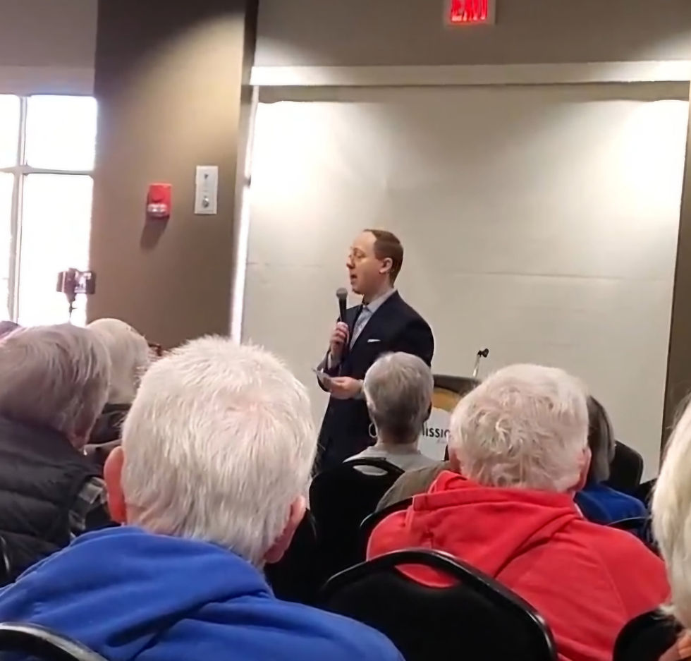 Senator Ethan Corson speaking to his constituents in Overland Park, KS about Mayors and City Managers from Ark City and McPherson, KS as well as Ponca City, OK coming to testify in favor of SB 349 in 2024, and the importance of this connection.