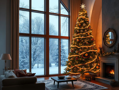 Christmas tree continues a winter scene outside creating a yearned for connection between the two spaces