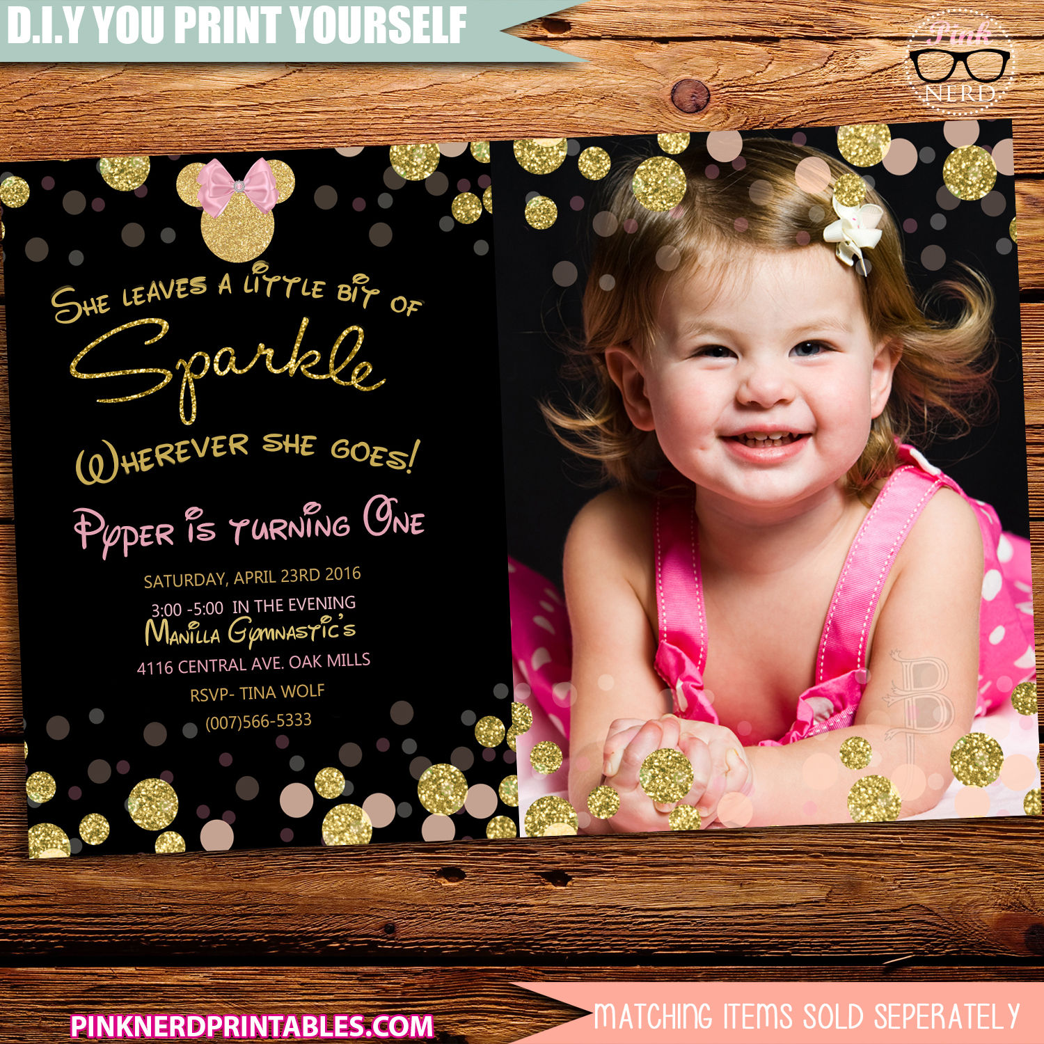 Minnie Mouse Photo Invitation Pink and Gold