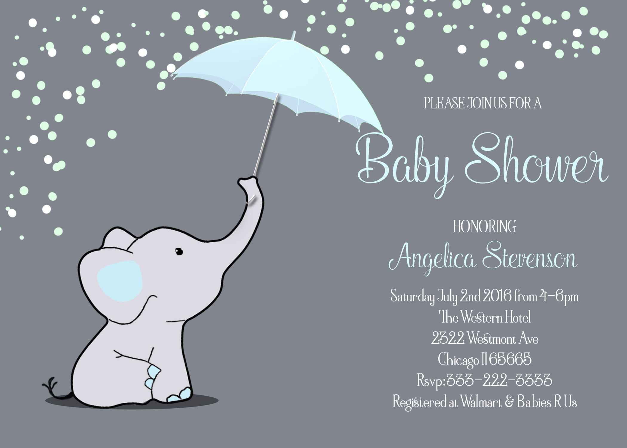 Blue Elephant Umbrella Baby Shower Invitation
