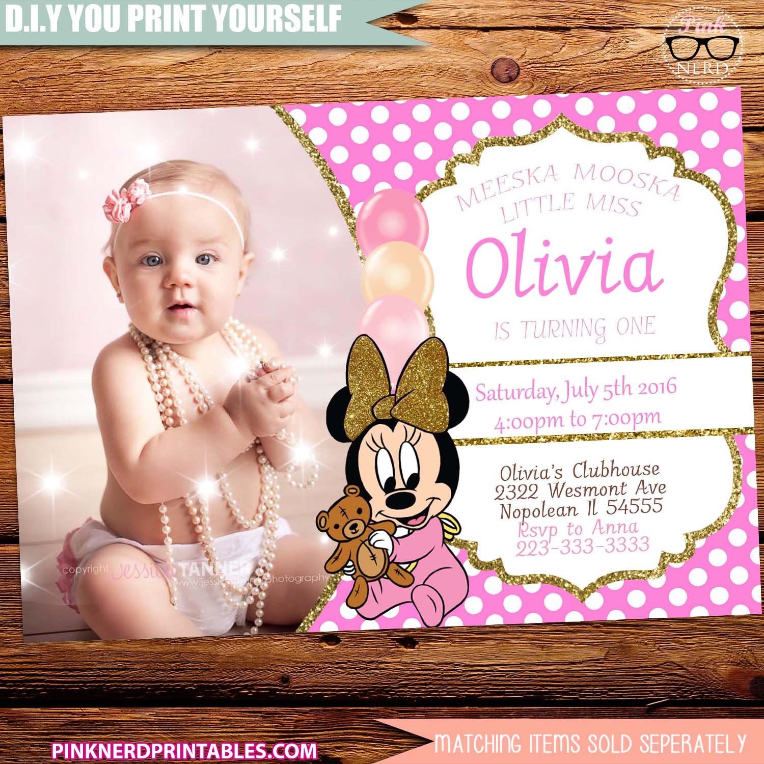 Minnie Birthday invitation Glitter gold Minnie