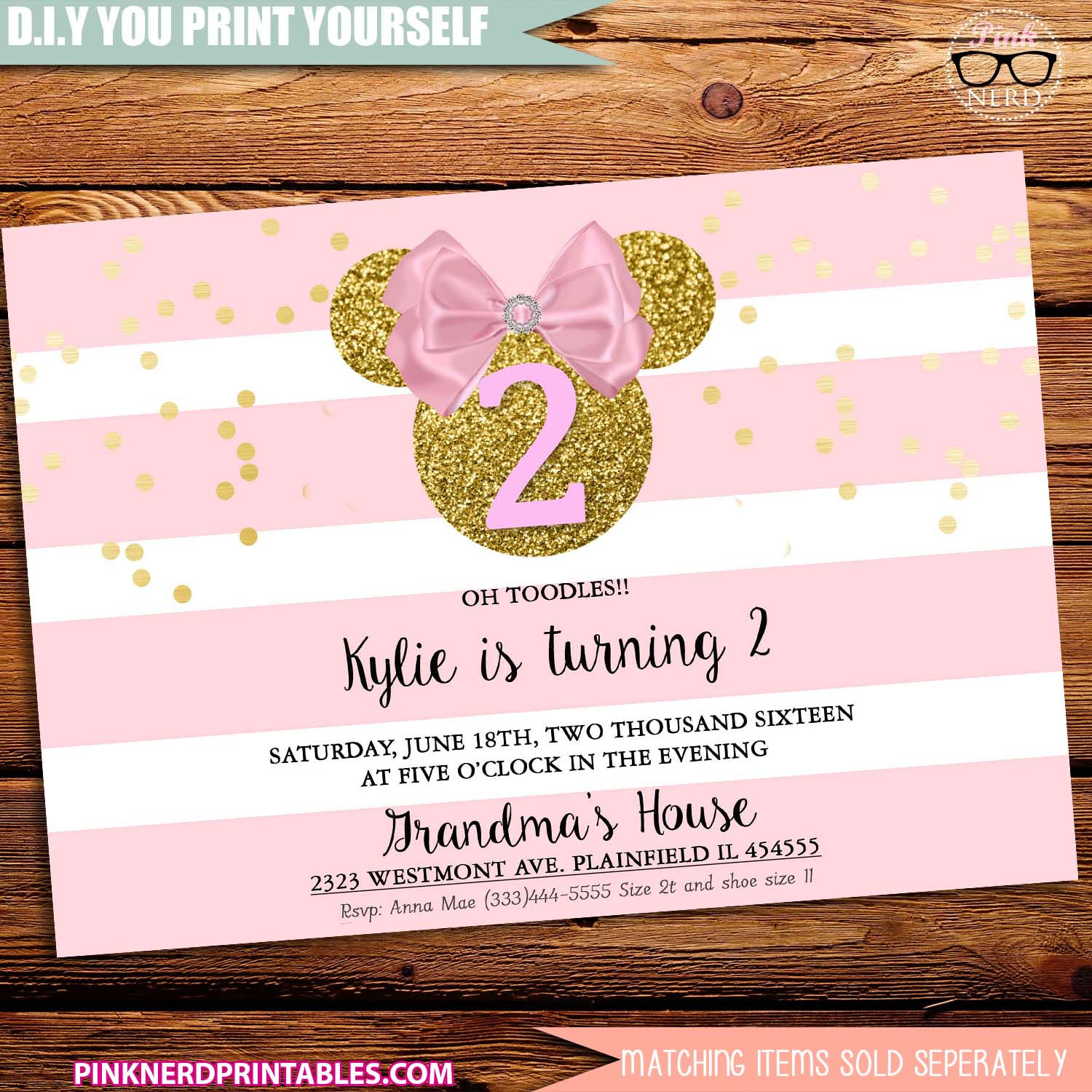 Minnie Mouse Glitter Birthday invitation Pink