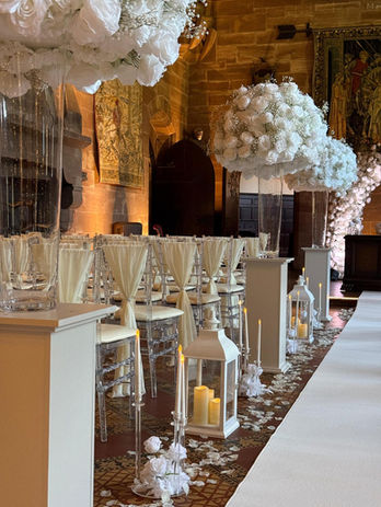 All white wedding venue dressing at peckforton casrle - RG Events and floral