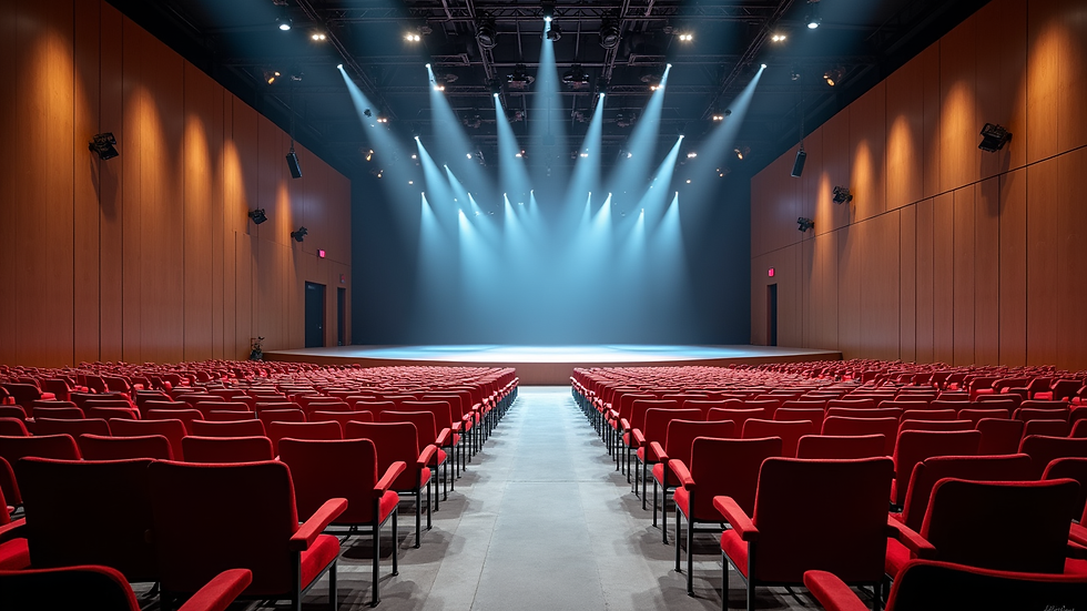Wide angle view of a large, modern event hall with rows of chairs and a stage
