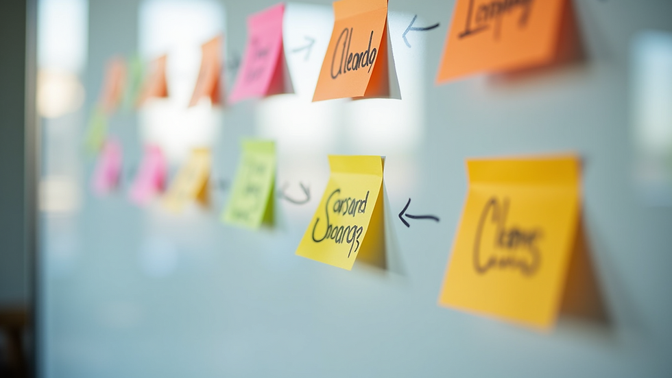 Eye-level view of a whiteboard with colorful sticky notes outlining communication strategies
