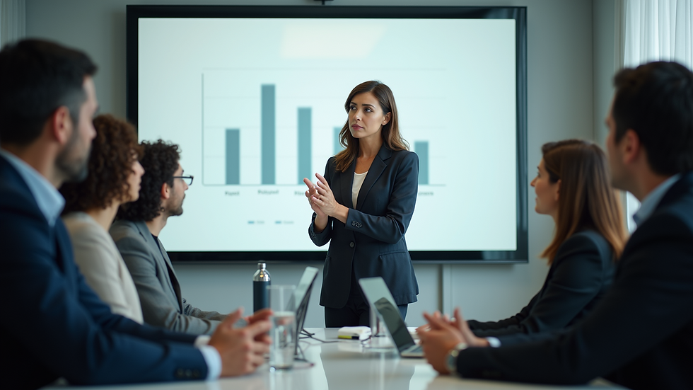 Eye-level view of a business consultant presenting communication strategy to a team