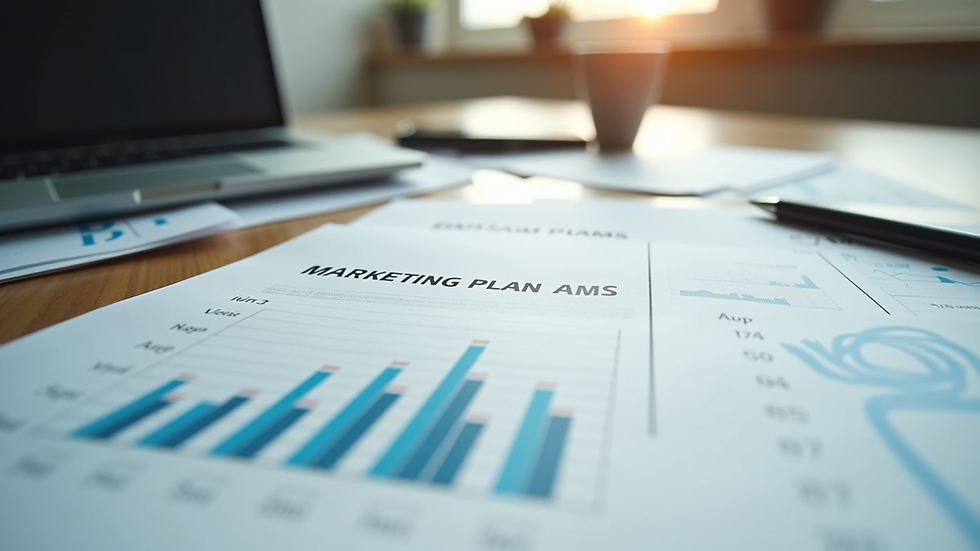 Eye-level view of a workspace with a marketing plan laid out on a table