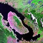 Arial shot of Samosir Island and Lake Toba, Sumatra