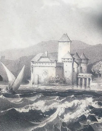 Black and White illustration of a castle, with strong seas and boats trying to sail ahead.