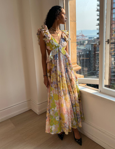knee length dresses for ladies Pop Ruffle Sleeve Midi Dress ZIMMERMANN Multicolor