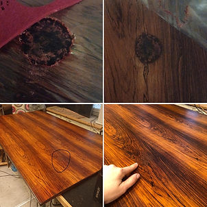 Hot candle damage renovation of rosewood veneer