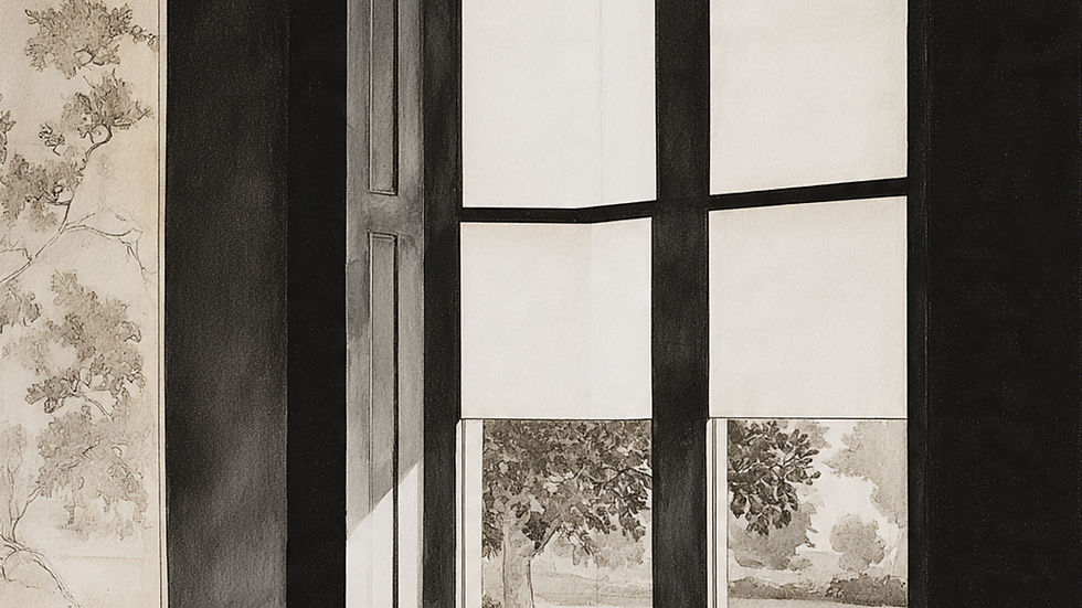 Sunlight streams through a large window, casting shadows. A nature painting hangs on the dark wall, adding a serene, peaceful vibe.