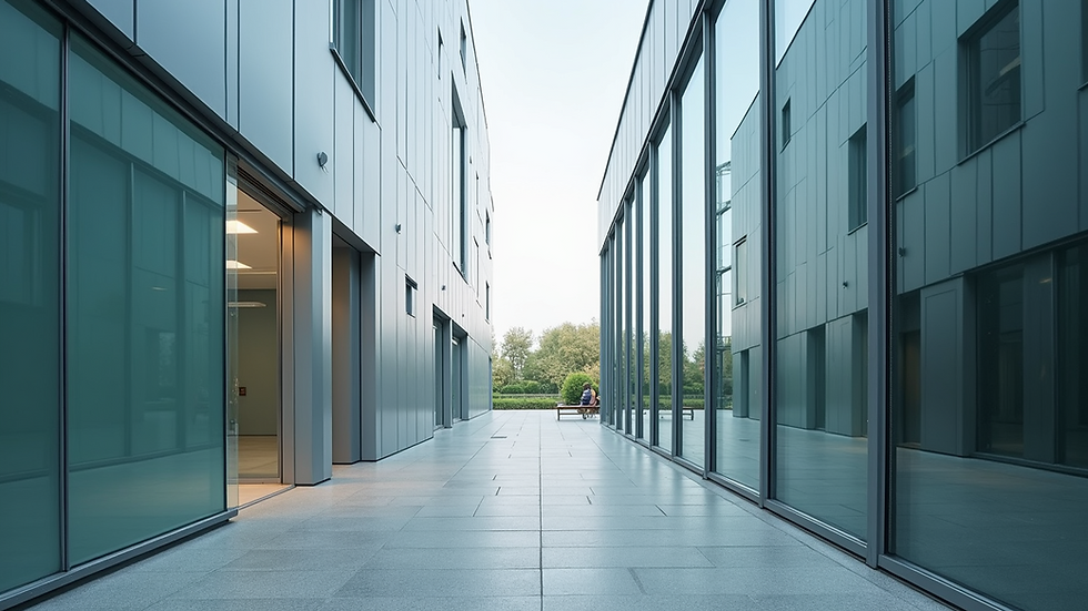 Eye-level view of modern building with large aluminium windows