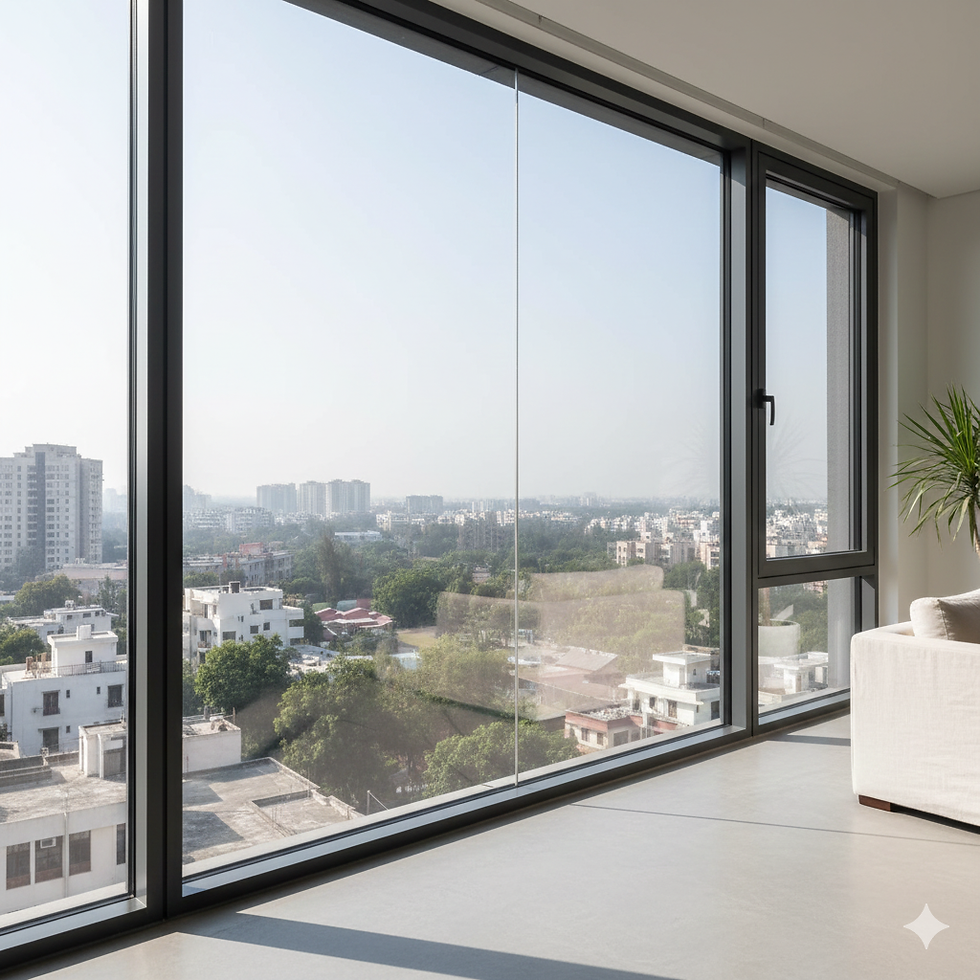 Cityscape view through large glass windows in a modern room. White sofa and green plant visible, creating a calm, airy atmosphere.