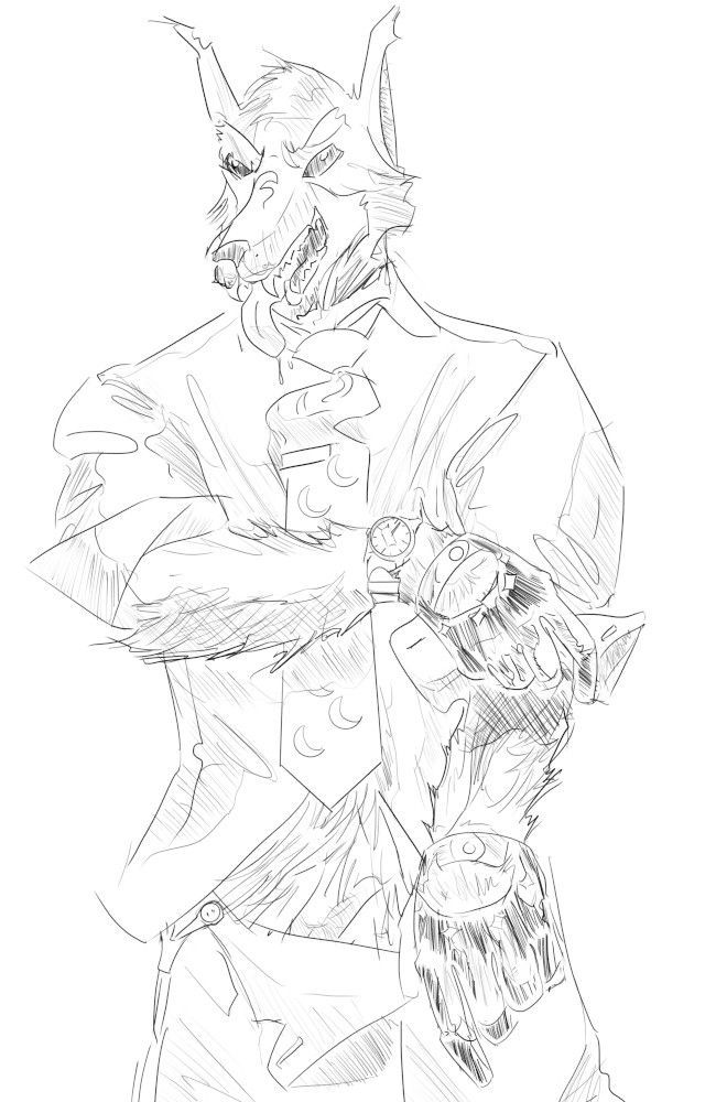 A sketch of a suited werewolf with sinister gloves, rolling one of his sleeves over his furry forearms.