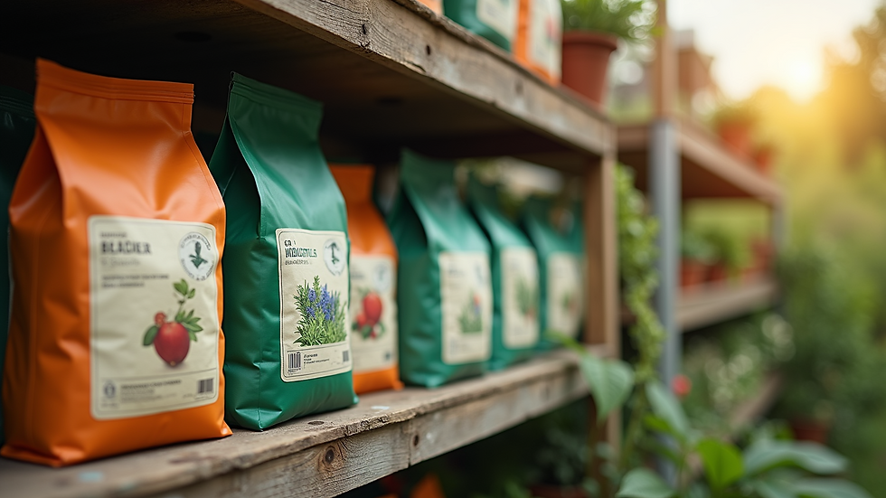 Eye-level view of various fertilizer bags arranged on a garden shelf