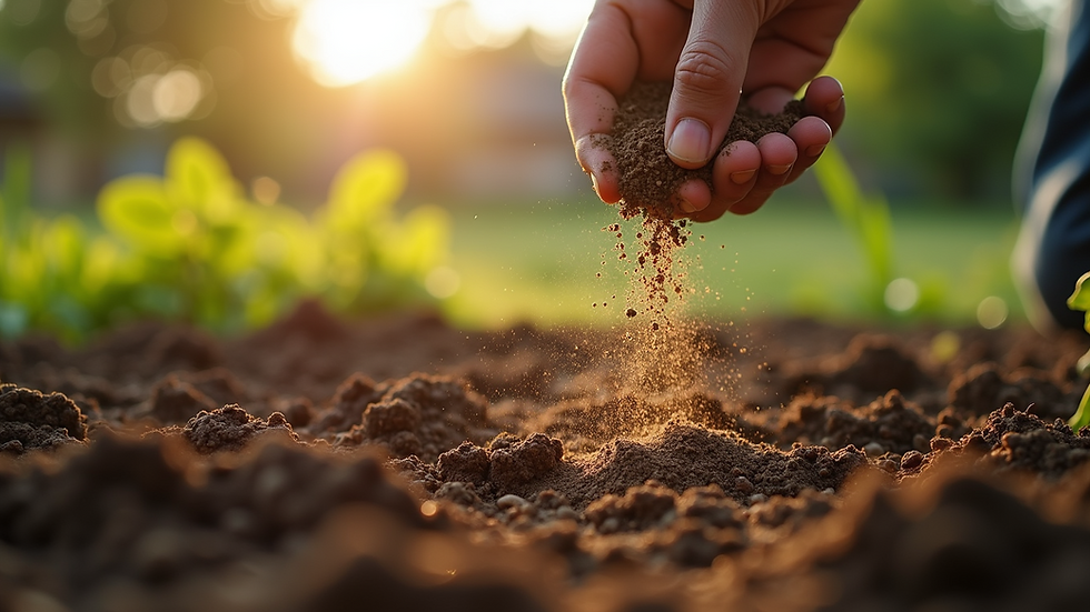 Eye-level view of garden soil with fertilizer being applied