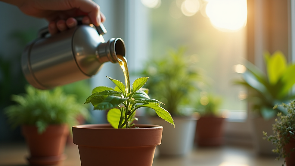 Close-up view of a potted plant being watered with liquid fertilizer
