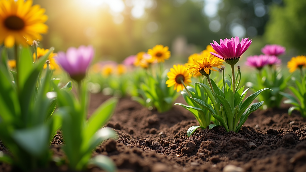 Eye-level view of a garden bed with blooming flowers and healthy soil