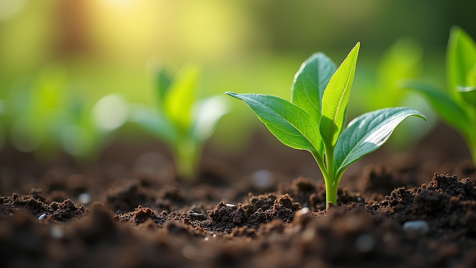 Close-up view of green leaves with fertilizer granules on soil