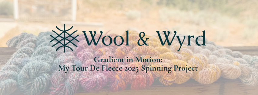 A hand dyed and spindle spun gradient of mini skeins of yarn lay on a deck railing. They range in color from blues on the left through purple, red, orange, yellow and into cream on the right. A greenhouse and hillside are in the distance.
A hand dyed and spindle spun gradient of mini skeins of yarn lay on a deck railing. They range in color from blues on the left through purple, red, orange, yellow and into cream on the right. A greenhouse and hillside are in the distance. The image is superimposed with the Wool & Wyrd logo and the words Gradient in Motion: My Tour De Fleece 2025 Spinning Project