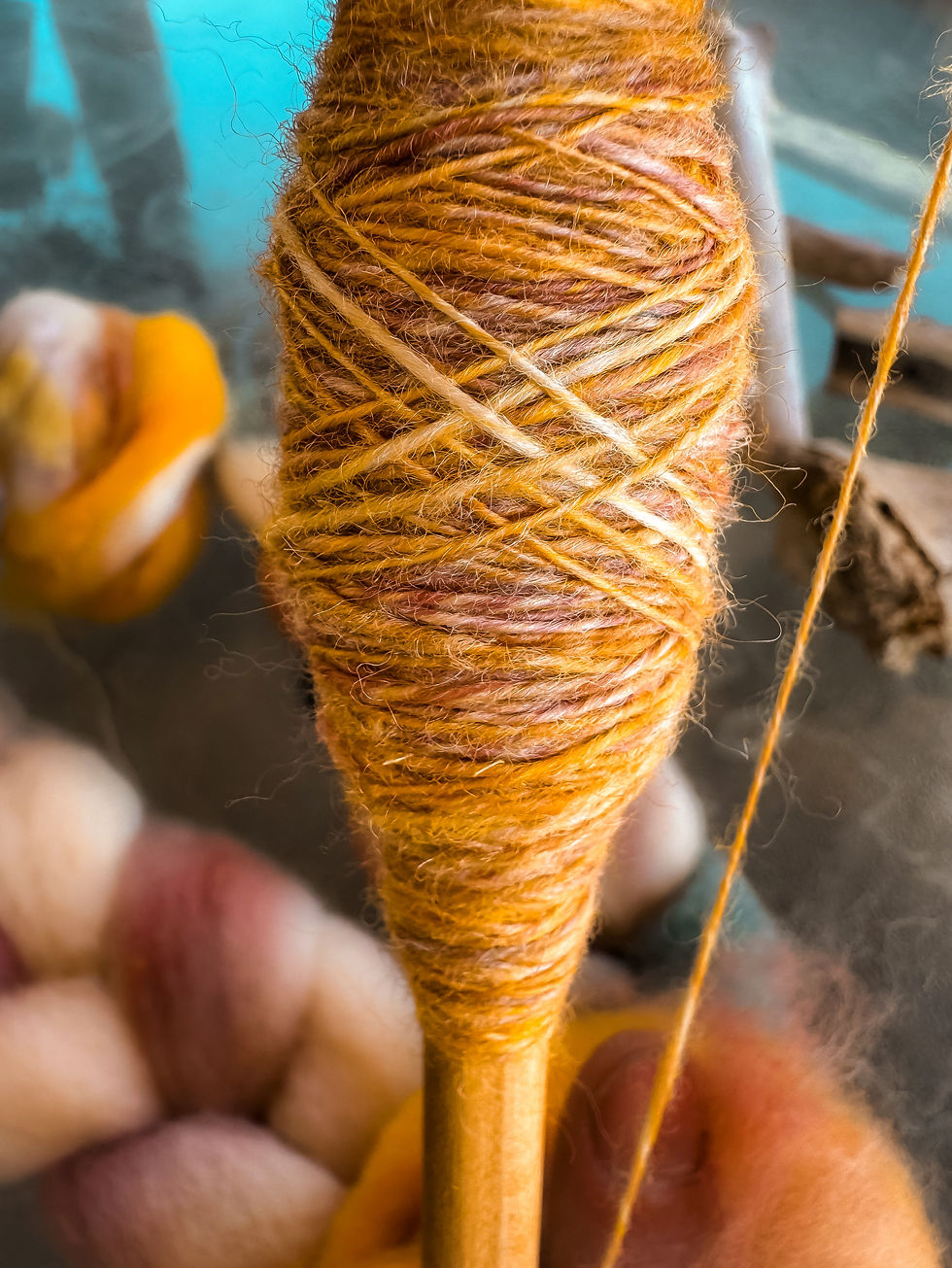 Close-up of orange and pink hand spun yarn wrapped on a spindle, with blurred multicolored wool in the background, set against a blue backdrop.