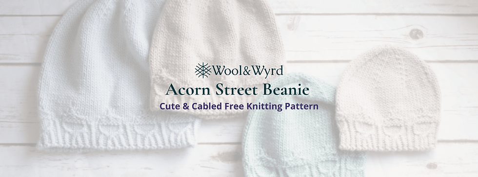 A flat lay of four hand-knit wool hats in soft neutral tones on a white wood background, with text overlay reading "Acorn Street Beanie: Cute & Cabled Free Knitting Pattern by Wool & Wyrd."