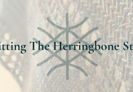 A close up of a hand knit shawl featuring the herringbone stitch superimposed with the Wool and Wyrd logo and the words Knitting The Herringbone Stitch