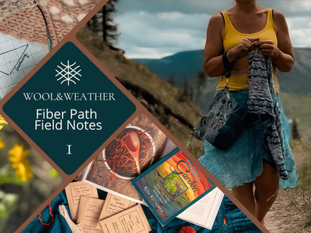 Person in yellow top walks while knitting a shawl with hand dyed yarn on a mountain path. Yellow flowers on left. "Wool & Weather Fiber Path Field Notes" text visible.