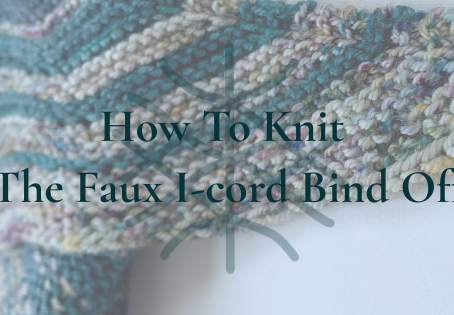 Close-up of striped knit fabric in blue and tan yarn against a light background. Text reads: "How To Knit The Faux I-cord Bind Off." with the Wool & Wyrd logo Peaceful mood.