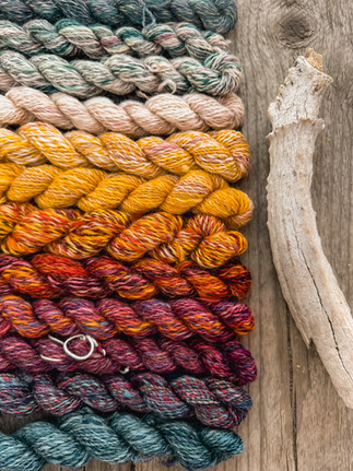 Colorful hand spun yarn skeins arranged in a gradient on wooden surface, shades range from green to red and yellow. Beige antler lies beside them, creating an earthy tone.
