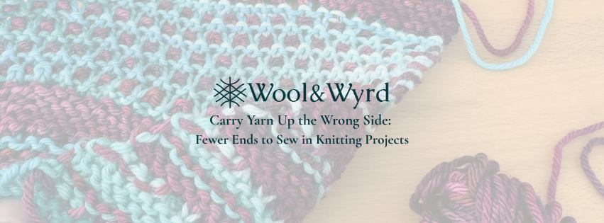 Text "Wool & Wyrd" with knitted fabric in teal and maroon hues. Yarn balls and loose strands on a wooden surface. Cozy, creative mood.