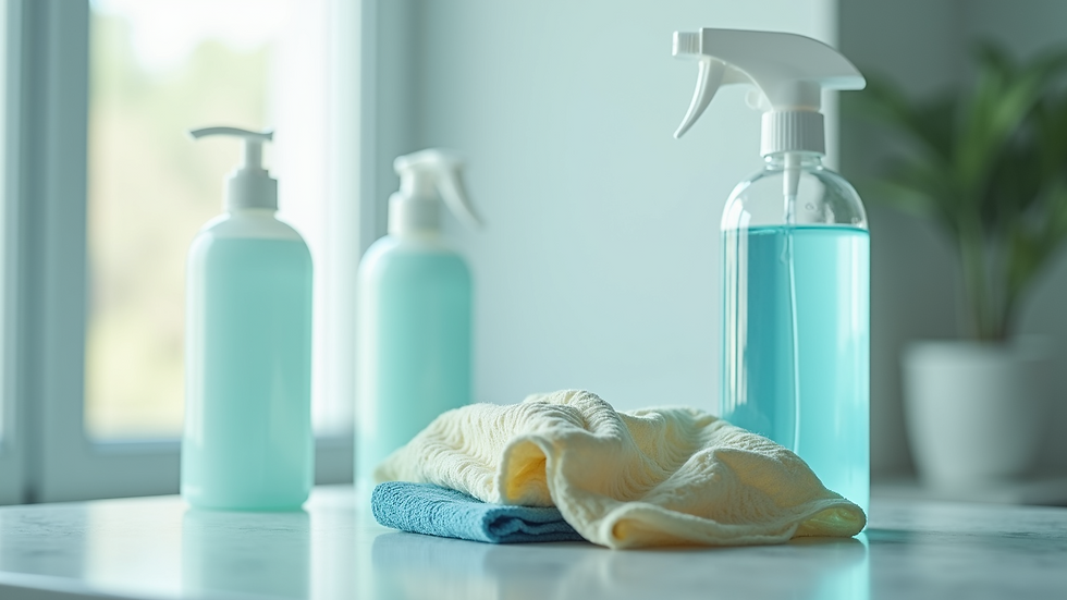 High angle view of a bottle of disinfectant and cleaning cloths