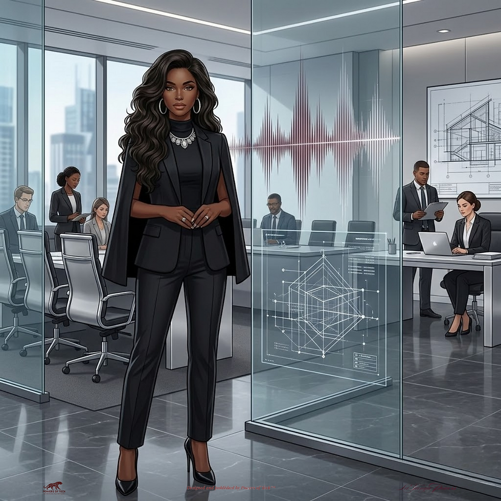 Professional woman standing in a modern glass office with a team working behind her and digital system graphics displayed, representing leadership and oversight in a technology environment