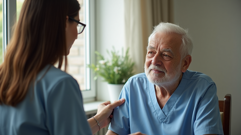 Close-up view of a caregiver assisting an elderly client in a home setting