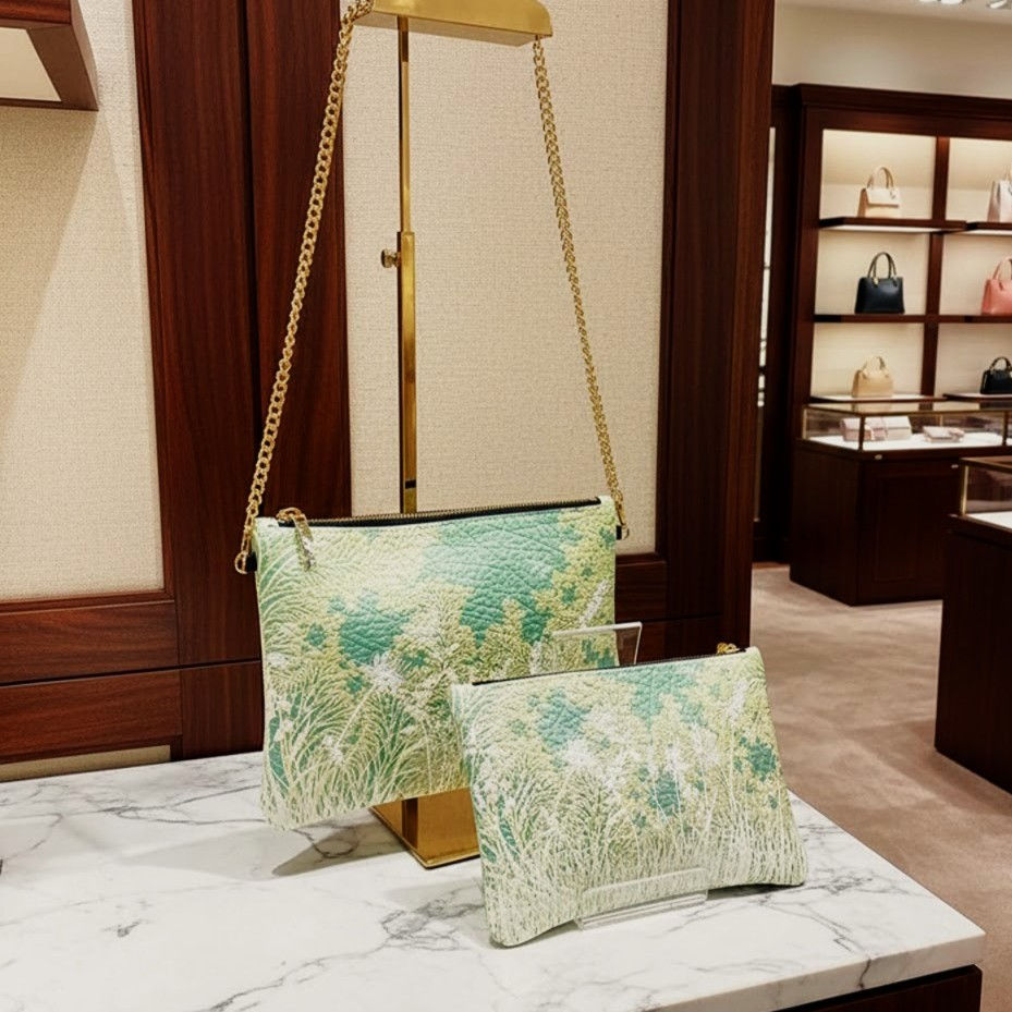 Napa leather cross body and clutch bag in retail shop