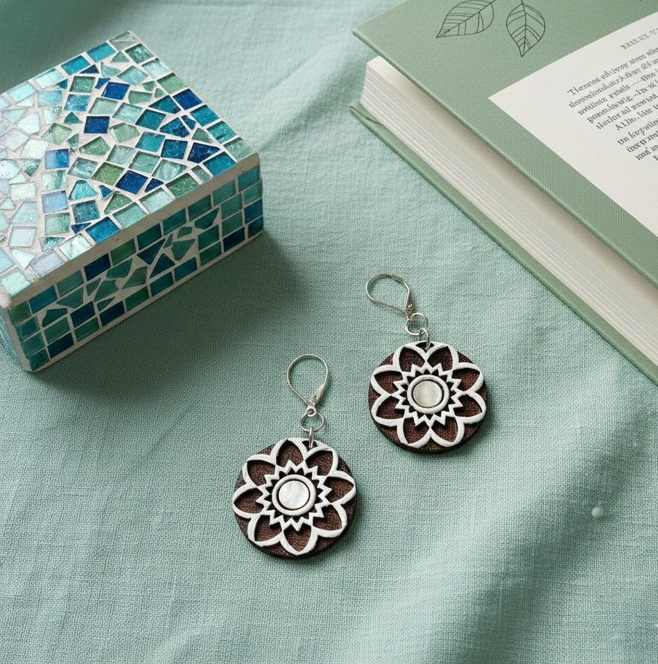 silver and wood drop earrings