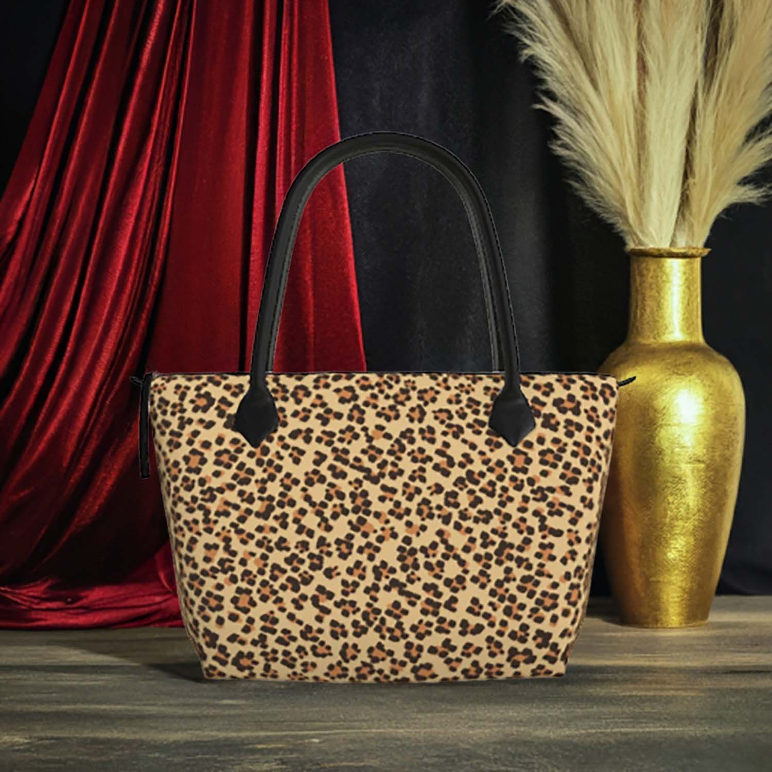 Satin oversized tote bag with leopard print