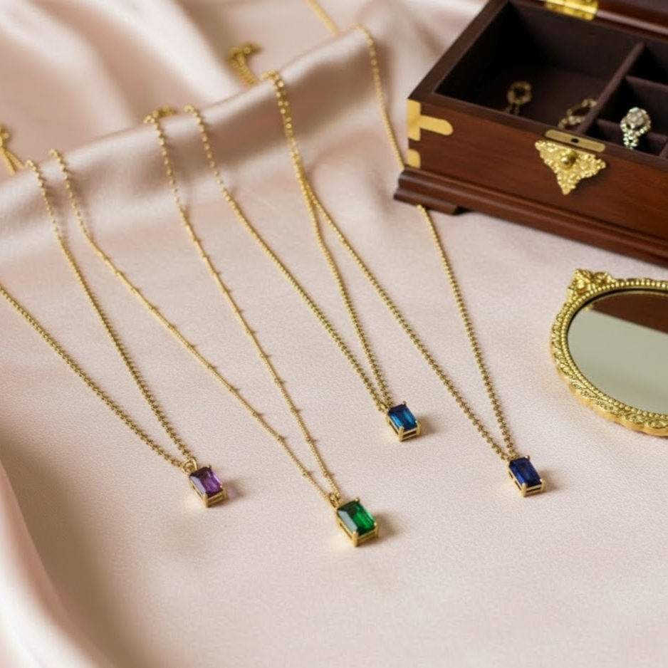 Thumbnail: 22ct Gold Vermeil Necklaces with Square Gemstones, lifestyle image