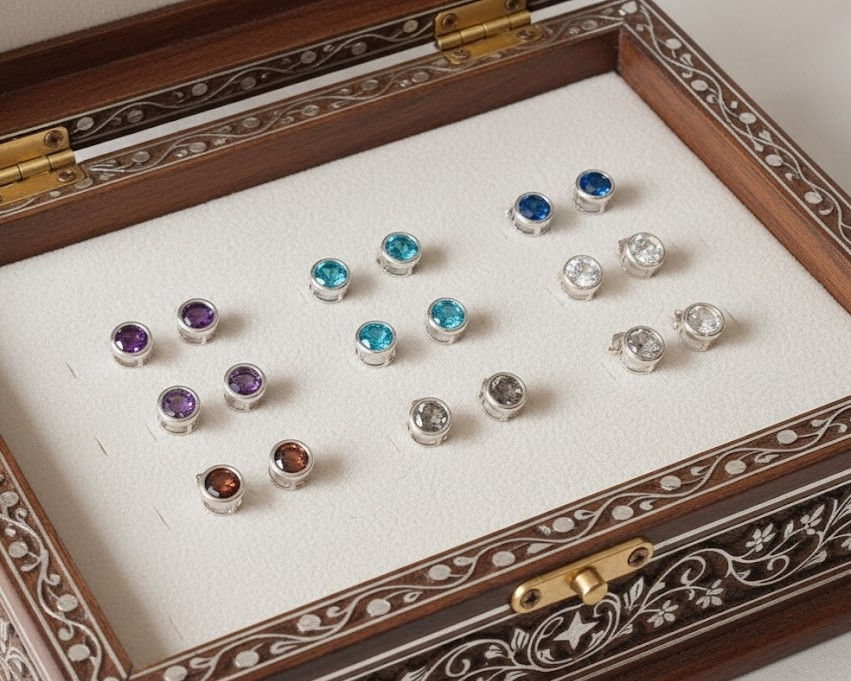 Sterling silver stud earrings with gemstone in contemporary setting, lifestyle image