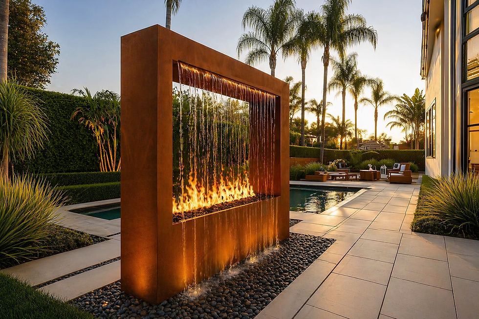 A stunning combination of elements, this fire and water feature waterfall adds a unique and captivating centerpiece to the modern outdoor landscape, seamlessly blending warmth and tranquility.