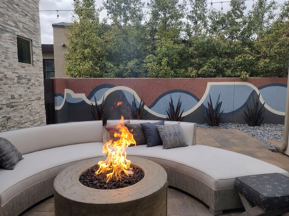 Outdoor seating area features a sleek curvilinear sofa surrounding a glowing fire pit, set against a vibrant mural and lush greenery, perfect for relaxing evenings.